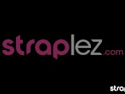 Watch her big natural tits bounce as she rides a strapon cock 1/16