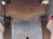 Pedal pumping a bobcat tractor starting with shoes then socks then barefoot 12/16