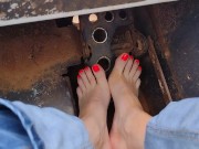 Pedal pumping a bobcat tractor starting with shoes then socks then barefoot 14/16