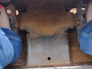 Pedal pumping a bobcat tractor starting with shoes then socks then barefoot 7/16