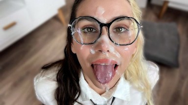 Sexy Schoolgirl Got Hot Cum on Her Face Close up