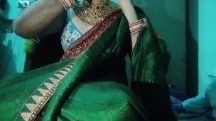Indian Gay Crossdresser Gaurisissy pressing his boobs so hard and enjoying in green Saree