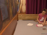 Small tits hot brunette babe college girl before porn casting fills out the forms no panties and braless 5/16