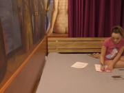 Small tits hot brunette babe college girl before porn casting fills out the forms no panties and braless 7/16