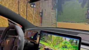 Bearded man got overexcited and jerked off his big curved dick in his Tesla car in the garage