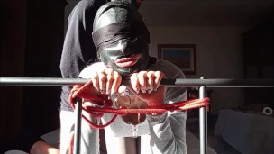 Bound in a bed I roughly fucked my wife holes, pussy and ass front view