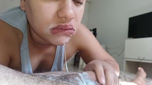 fucking the bitch's cheek while she licks all the cum-stained dickfucking the bitch's cheek while sh