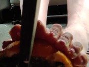Busting open whole oranges with my BareFeet on my break pedal back pov so you can see it squirt 14/16