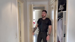 Muscular hairy cop strips after shift & takes a showers
