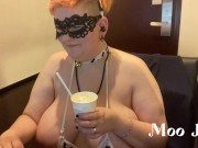 Just a chubby cow with giant tits eating snacks and replying to comments in a Japanese Internet cafe 14/16