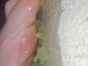 Smashing juicy grapes under my big toes close up under and side pov 16/16