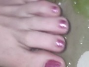 Smashing juicy grapes under my big toes close up under and side pov 4/16