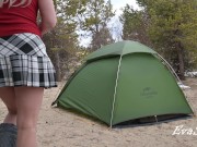 A gorgeous blonde without panties is assembling a tent. For lovers of peeping 1/16