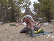 A gorgeous blonde without panties is assembling a tent. For lovers of peeping 15/16