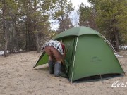 A gorgeous blonde without panties is assembling a tent. For lovers of peeping 3/16