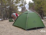 A gorgeous blonde without panties is assembling a tent. For lovers of peeping 5/16