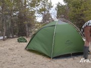 A gorgeous blonde without panties is assembling a tent. For lovers of peeping 6/16