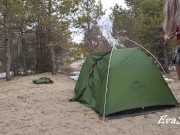 A gorgeous blonde without panties is assembling a tent. For lovers of peeping 9/16