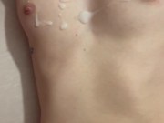 I touched his balls and I felt that they were full he had to empty them on my small tits 16/16