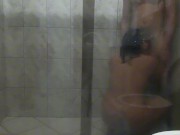 Sex in the bathroom with a big couple, big ass and big dick. 3/16