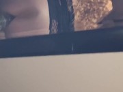 Slut rides huge dildo while sucking cock 10/16