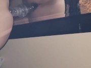 Slut rides huge dildo while sucking cock 13/16