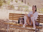 WOWGIRLS Hot model Elizabeth T getting horny and rubbing her tits and pussy outdoors 4/16