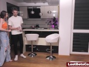 Sexy busty woman playing strip darts with her horny male friend 4/16