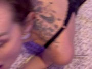 we come back from the evening and I'm too tired to suck him he jerks off and cums on my nylon butt 15/16