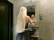 No Underwear Big Boobs Blonde Girl in Bathroom shows Under her Skirt Shaved Pussy 14/16