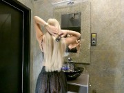 No Underwear Big Boobs Blonde Girl in Bathroom shows Under her Skirt Shaved Pussy 5/16