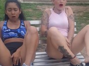 two athletes touching each other and licking pussy in the park