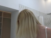 No Panties and with the Shortest Skirt ever changes underwear in the Bath prepares for a wild Night Greta is a German Girl 1/16