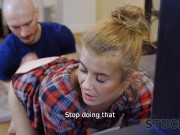 STUCK4K. Sexy wench's well-groomed pussy fucked on the couch 7/16