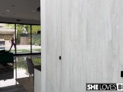 You can't help but spank her round ass as she bounces on top of you. After that, you proceed to pound her shaved pussy in dog 1/16