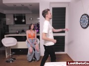 A strip darts game where the big tits babe ends up giving a blowjob 3/16