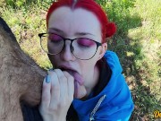 schoolgirl with red hair gives a blowjob to get cum on her hair, face and glasses 1/16
