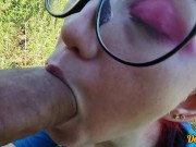 schoolgirl with red hair gives a blowjob to get cum on her hair, face and glasses 11/16
