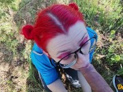 schoolgirl with red hair gives a blowjob to get cum on her hair, face and glasses 15/16