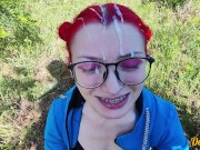 schoolgirl with red hair gives a blowjob to get cum on her hair, face and glasses 16/16
