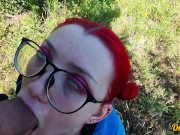 schoolgirl with red hair gives a blowjob to get cum on her hair, face and glasses 2/16