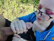 schoolgirl with red hair gives a blowjob to get cum on her hair, face and glasses 5/16