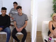 Andrea Blonde shows these 3 amateur dudes how professional babes fuck 4/16