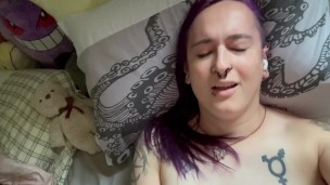 Hard-femme enby plays with perfect pussy and chokes on bad dragon