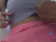 Sweet Brianna Arson in braids showcases her oral skills and strokes that cock with her pretty feet 3/16