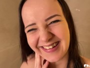 Cute brunette washes her desirable body in the shower and records everything for you. 16/16