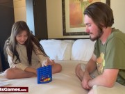 A sexy babe playing connect 4 with her friend on the bed and loses each round 4/16