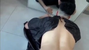 Barber fucking with his fat cock his client's tight hole