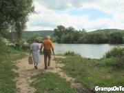 Teen joins in oldies trio in outdoor sex romp