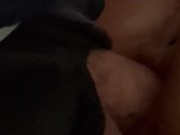 Horny wife toying pussy let’s spying roommate secretly play and watch while husband works in garage 9/16